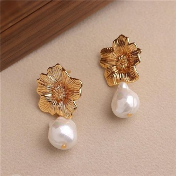 Chunky Gold Drop Earrings – Baroque Pearl Sunflower Dangle Earrings - Picture 4 of 5